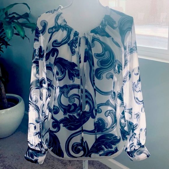 EXPRESS Tie Neck Sheer Blouse Bodysuit Deep V Neck - Picture 2 of 7